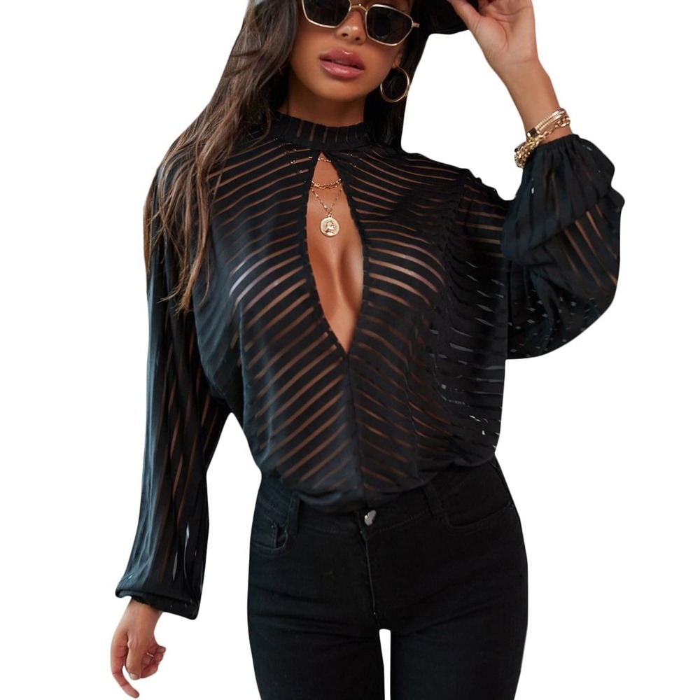 Sheer Striped Keyhole Womens Blouse XL Black Lantern Sleeve Top Baddie‎